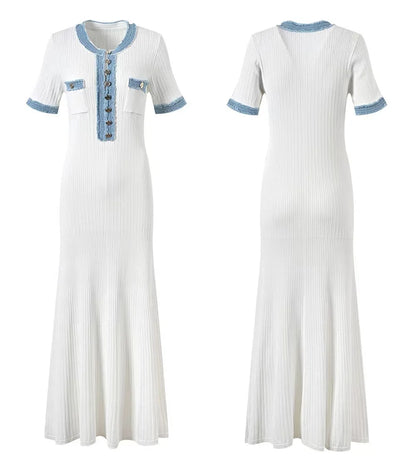 Elegant Denim Patchwork Knitted Long Dress – Women’s V-Neck Short Sleeve Bodycon with Buttons & Pockets