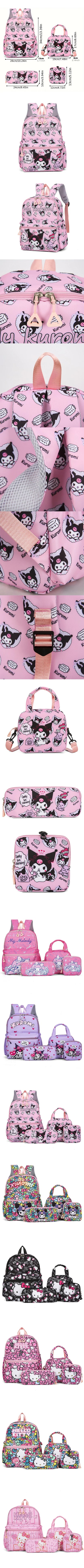 Hello Kitty Sanrio 4-Piece Backpack Set – Includes Pencil Case, Shoulder Bag, Wallet, Kuromi & Melody School Bags