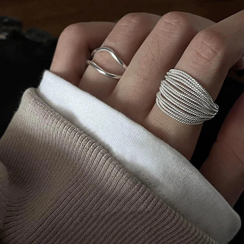 925 Sterling Silver Adjustable Ring — Unique Line Design for Women, Vintage Jewelry Gift