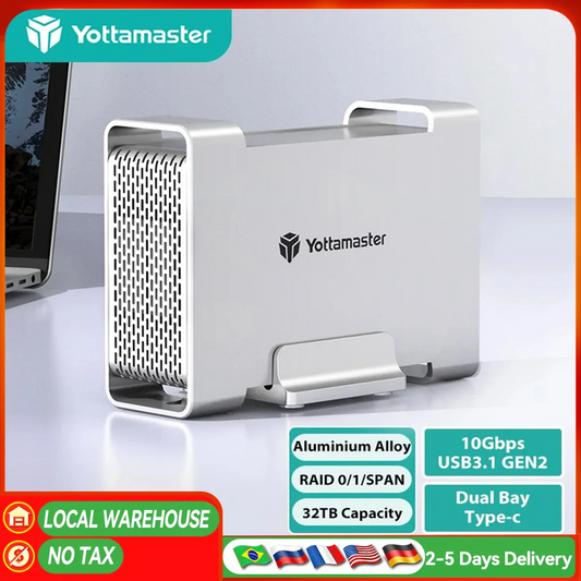 Yottamaster 1/2 Bay RAID Hard Drive Enclosure — 2.5"/3.5" SATA SSD/HDD External Case USB 3.1 Type-C 10Gbps, Supports Up to 2×16TB