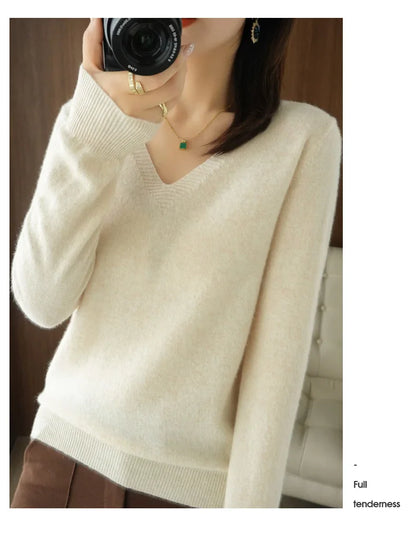 New Women’s Cashmere V-Neck Pullover – Lace Hollow Out Long Sleeve Knitted Sweater for Fall & Winter