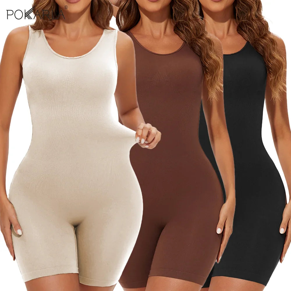 POKARLA Sexy Full Coverage Bodysuit – Seamless Thigh Slimming Wide Shoulder Shapewear Jumpsuit