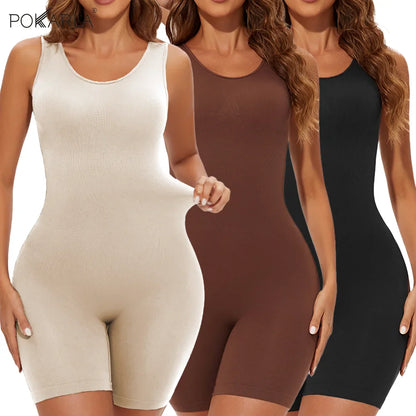POKARLA Sexy Full Coverage Bodysuit – Seamless Thigh Slimming Wide Shoulder Shapewear Jumpsuit