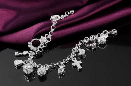 Fashion 925 Sterling Silver Bracelet for Women — Pretty Heart Zircon Pendant Chain, 20CM/8inch, Classic Wedding & Party Jewelry Gift