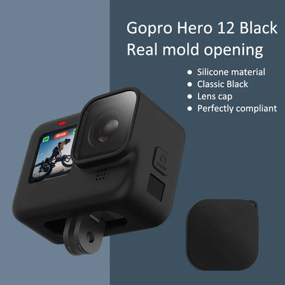 Protective Silicone Case for GoPro Hero 12/11/10/9 Black – Tempered Glass Screen Protector & Lens Cap Cover Accessory
