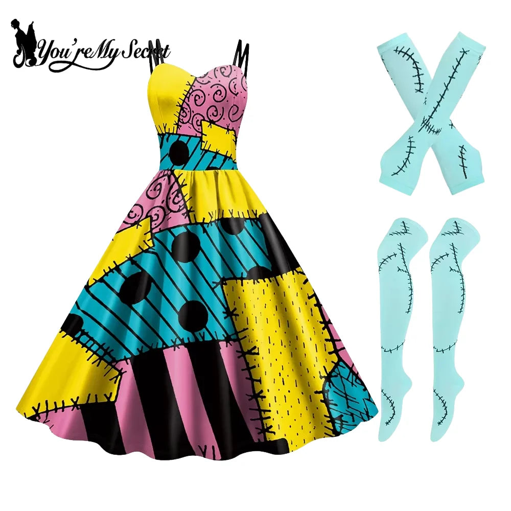 Sally Halloween Cosplay Dress Set - Long Sleeve Party Costume with Wig & Socks