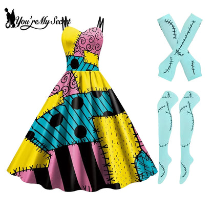Sally Halloween Cosplay Dress Set - Long Sleeve Party Costume with Wig & Socks