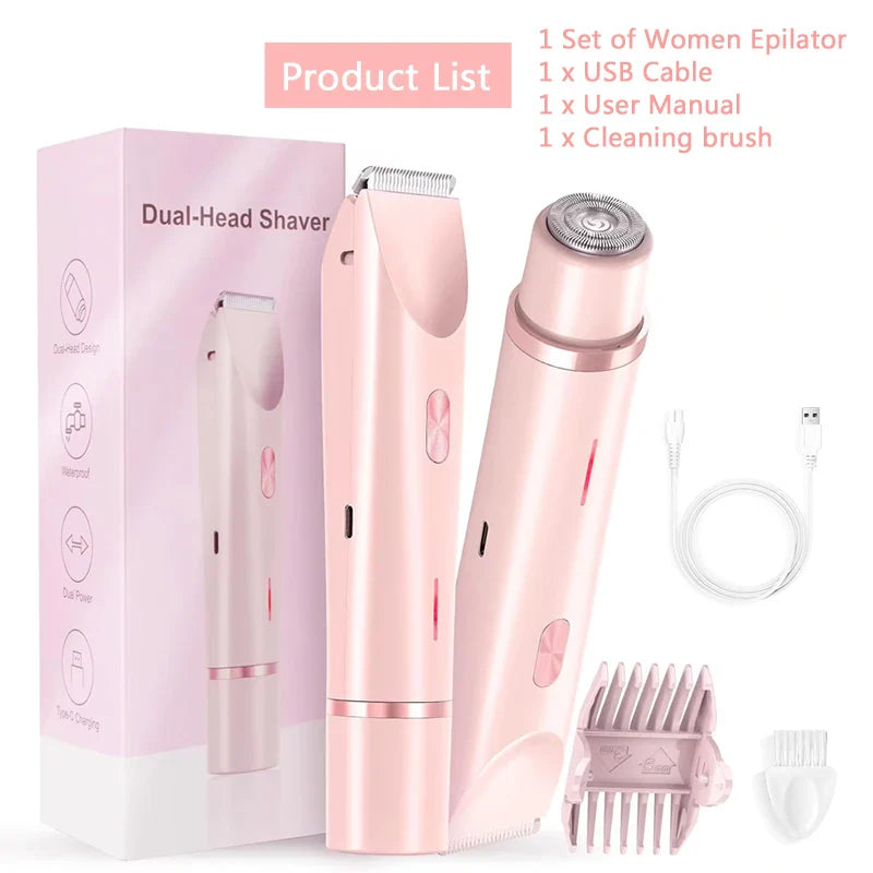 2-in-1 Dual-Head Electric Razor for Women – Painless Bikini Trimmer Wet & Dry Use with Detachable Heads