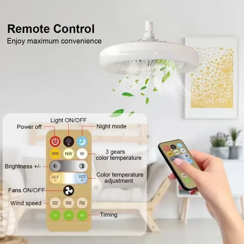 Smart Remote Control Ceiling Fan with LED Light - E27 Base, Adjustable Desktop-Style Design for Living Room