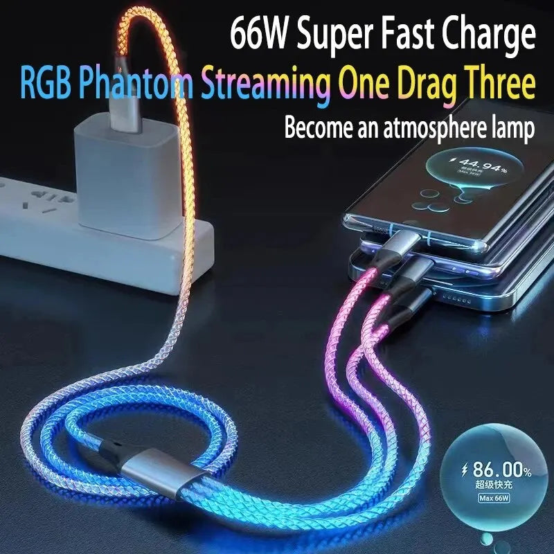 6A RGB 3-in-1 Fast Charging Cable – Colorful Breathing Light USB Data Cord for Car & Universal Use