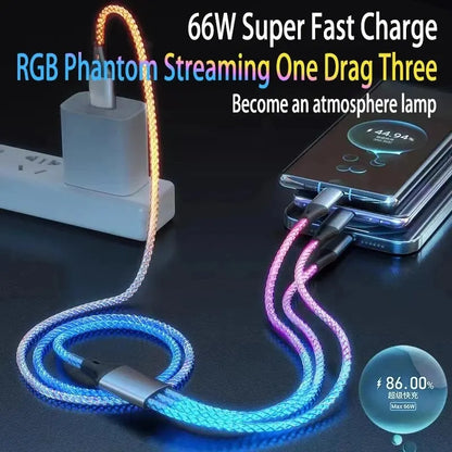 6A RGB 3-in-1 Fast Charging Cable – Colorful Breathing Light USB Data Cord for Car & Universal Use