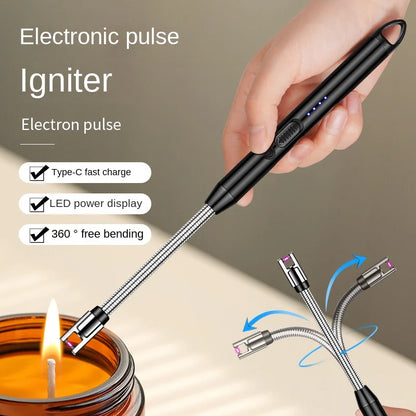 Type-C Rechargeable 360° Curved Windproof Plasma Lighter – Flameless USB BBQ & Kitchen Candle Ignition Electric Arc Lighter