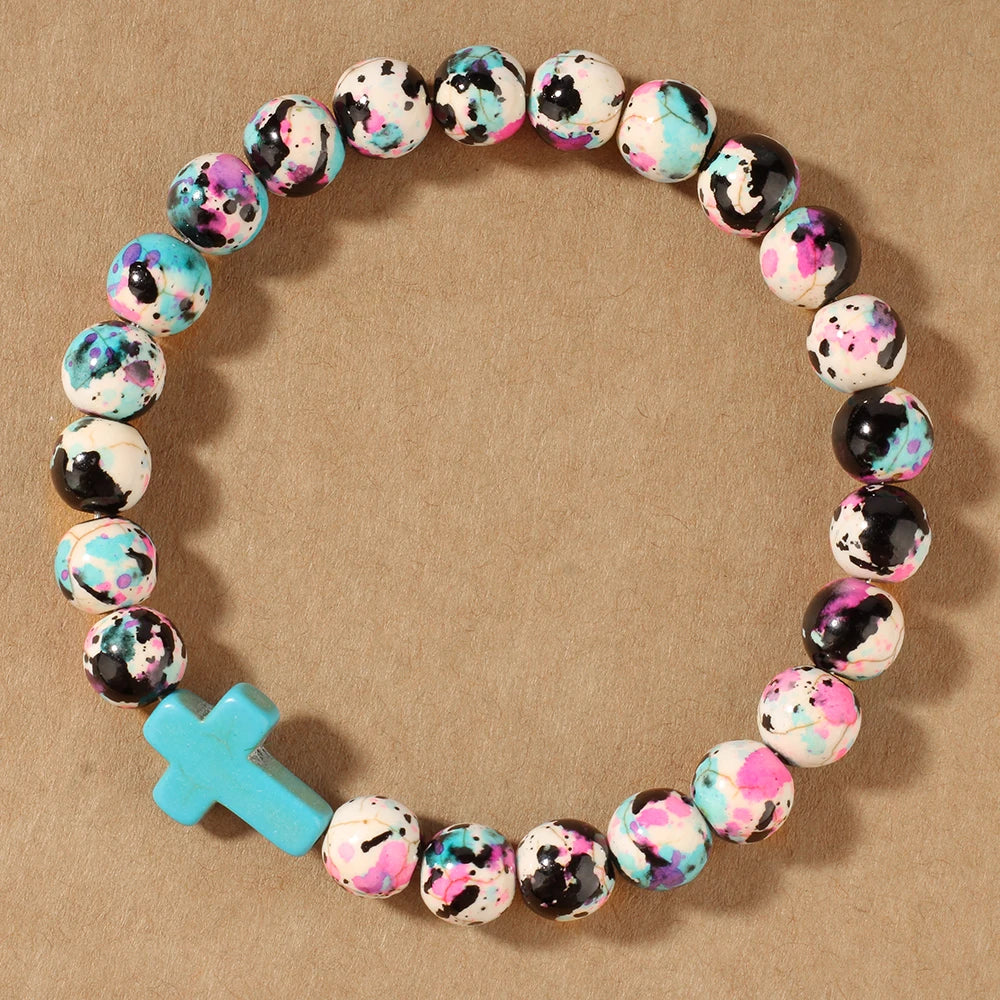 Jesus Cross Beaded Bracelet - Colorful Stone Faith Jewelry for Women, Meditation & Baptism Gifts