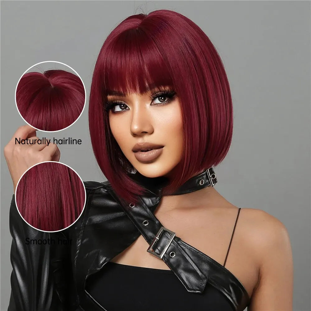 Wine Red Short Bob Wigs for Women - Burgundy Bob Wigs with Thick Bangs, Heat Resistant Synthetic Wig