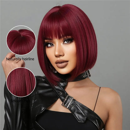 Wine Red Short Bob Wigs for Women - Burgundy Bob Wigs with Thick Bangs, Heat Resistant Synthetic Wig