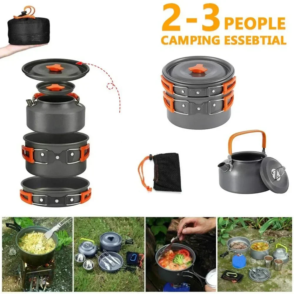 Nonstick Aluminum Camping Cookware Set: Portable Outdoor Tableware for Hiking, BBQ, and Picnics - Includes Kettle, Pot, Cooking Pan, and Bowl