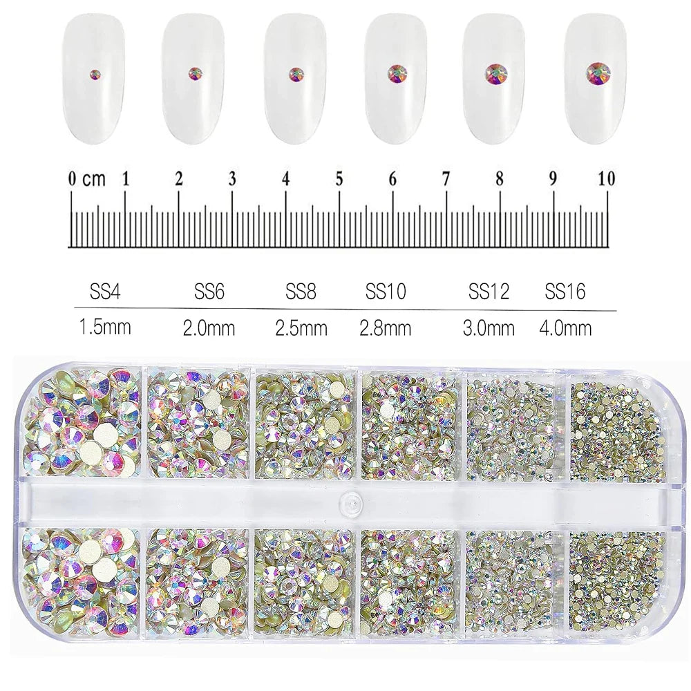 12-Grid 3D Glass AB Crystal Nail Art Rhinestones Kit – Flatback Round Beads with Tools for Nail Jewelry & Diamond Decoration