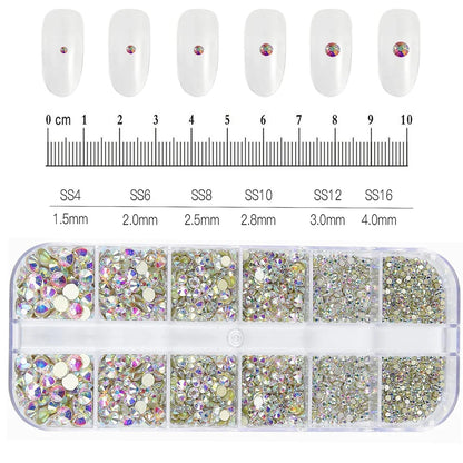 12-Grid 3D Glass AB Crystal Nail Art Rhinestones Kit – Flatback Round Beads with Tools for Nail Jewelry & Diamond Decoration