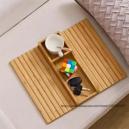 Foldable Bamboo Couch Cup Holder – Anti-Slip Multifunctional Sofa Armrest Tray for Cups & Remote Control