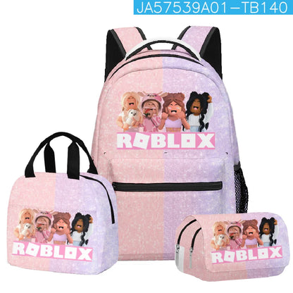 3pcs Roblox Cartoon Print Bag Set – School Backpack, Lunch Bag & Pencil Case for Students, Birthday Gift Set
