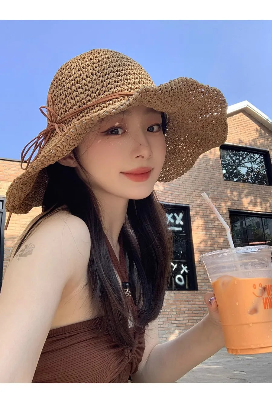 Women’s Holiday Beach Sun Hat – Large Brim Woven Straw Fisherman Hat with Bow, Seaside Sun Protection Panama Chapeau Korean Style