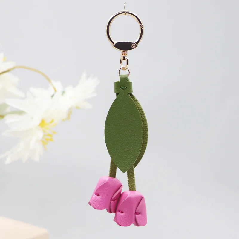 Genuine Leather Flower Bag Pendant Keychain – Original Handmade Osmanthus & Tulip Design, Exquisite Floral Charm for Bags & Accessories