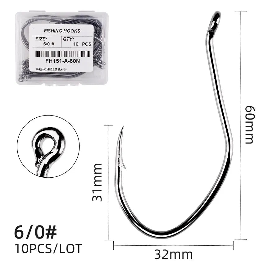 10pcs Catfish Fishing Hooks – High Carbon Steel Barbed Circle Hooks 6/0–10 V-Sharp Tackle