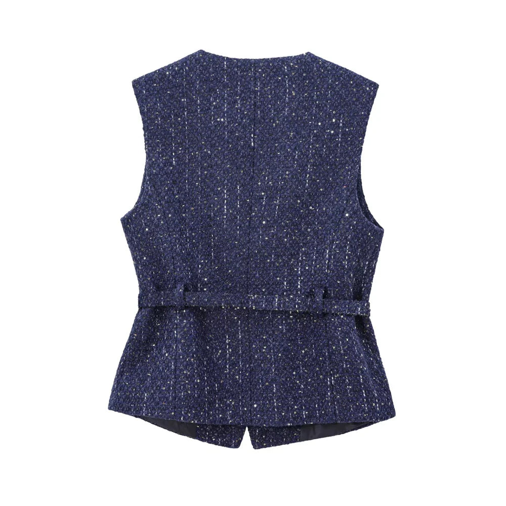 TRZA Women’s Tweed Waistcoat — Sleeveless O-Neck Top with Belt & Front Buttons, Chic Fashion Outerwear