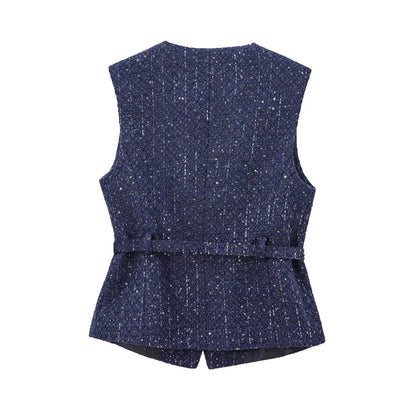 TRZA Women’s Tweed Waistcoat — Sleeveless O-Neck Top with Belt & Front Buttons, Chic Fashion Outerwear