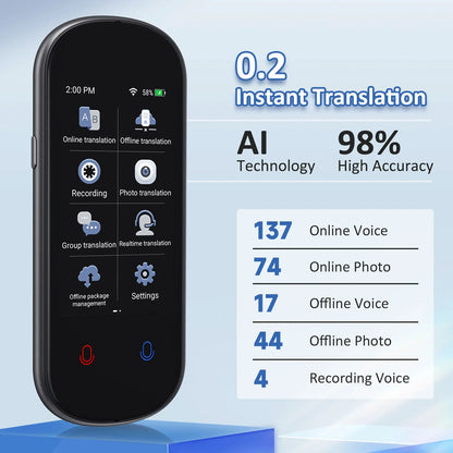 Z2 Instant AI Voice Translator – Portable Real-Time Language Translator Device with 3.1” Touch Screen, Photo Translation & Voice Recording for Travel, Business & Learning