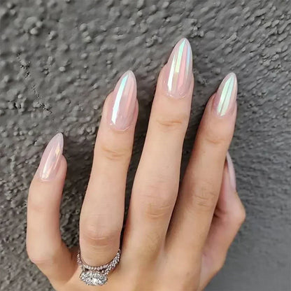 24Pcs French Press On Nails - Almond Fake Nail Tips with Glue, White Edge Design & Pink Stiletto Style Manicure Set