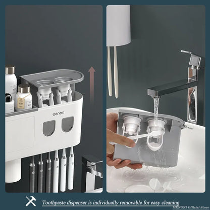 MENGNI Magnetic Inverted Toothbrush Holder with Automatic Toothpaste Squeezer - Wall-Mounted Storage Rack for Bathroom Accessories