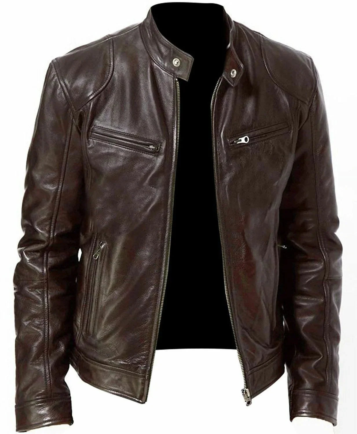 Men’s Slim Fit Motorcycle Leather Jacket – Short Lapel PU Zipper Windproof Coat for Autumn
