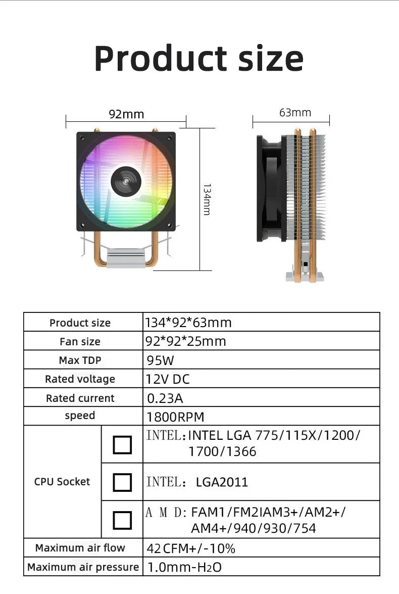 TEUCER CPU Cooler — 2-4 Heat Pipe Radiator with 3-Pin PWM Silent RGB Fan for Intel LGA 1700/1150/1155/1156/1366 & AMD AM2/AM3/AM4