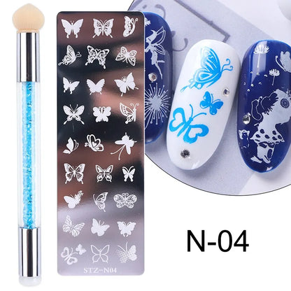 Nail Stamping Plates Set with Silicone Stamper & Brush - Flower and Geometry Transfer Stencils for Nail Art Manicure