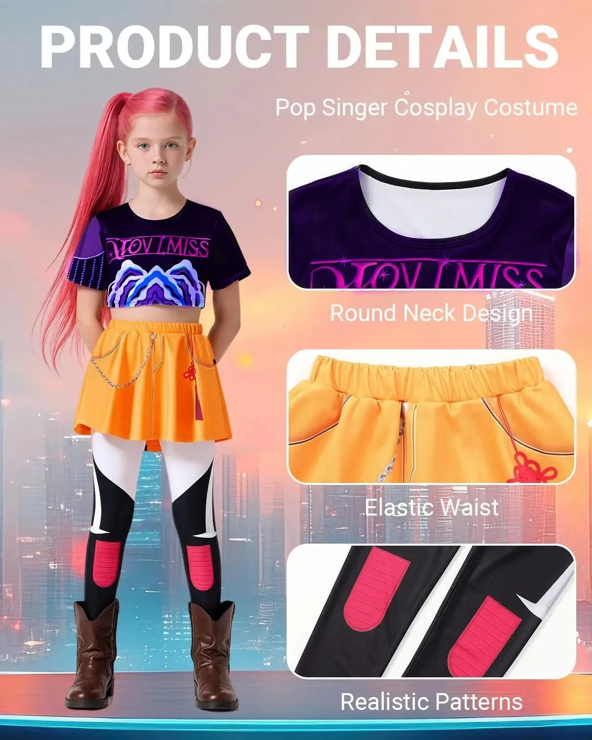 Girls Demon Pop Singer Hunters Costume – Stage Idol Outfit for Kids Halloween and Cosplay Performance