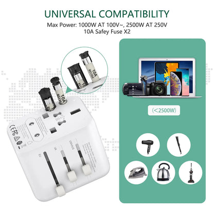 LENCENT International Travel Adapter – All-in-One Charger with 2 USB Ports, EU/UK/USA/AUS Plugs for Worldwide Travel