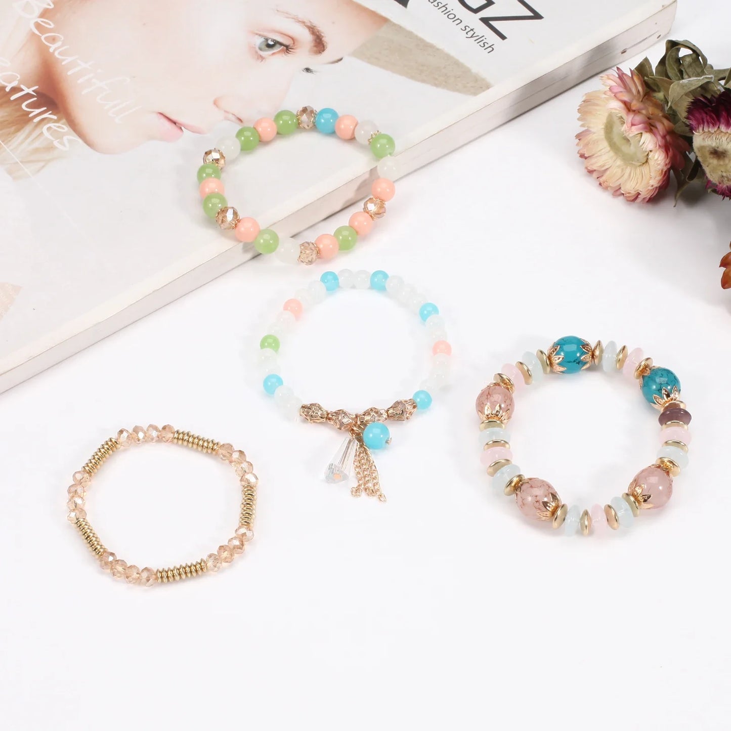 Bohemian Stackable Bead Bracelets for Women - Multilayered Pendant Charm Stretch Bangles