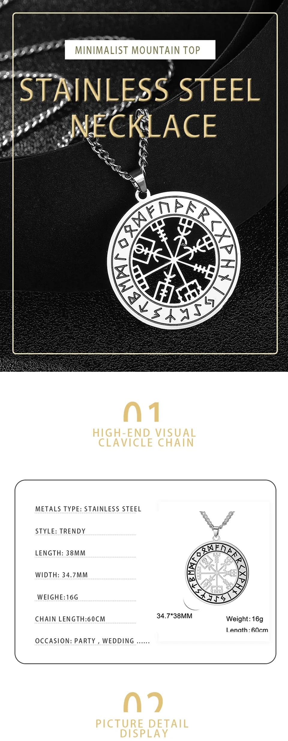 Viking Nordic Rune Compass Necklace – Stainless Steel Triquetra Amulet Pendant Jewelry Gift
