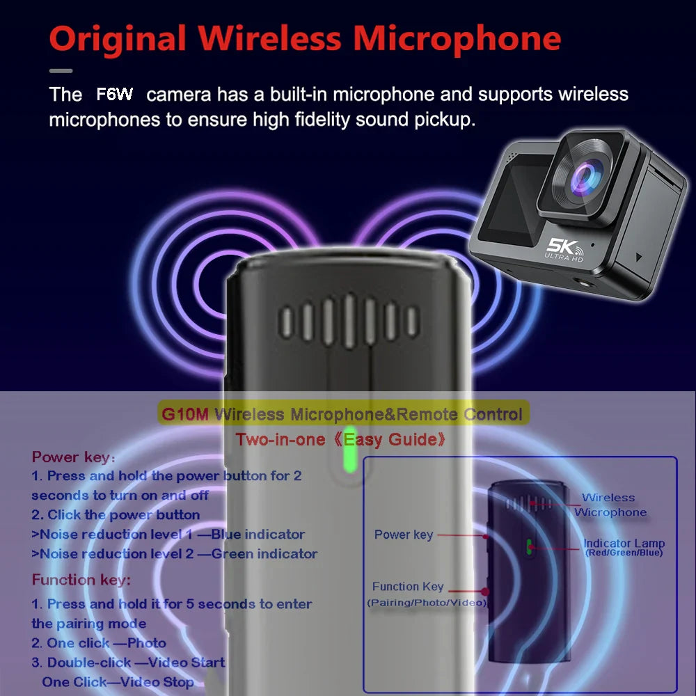 F6W Action Camera — 5K/4K60FPS, 48MP, 2.2" Touch LCD, EIS, Dual Screen, Wi-Fi, 170° Waterproof 30M, 8X Zoom Sports Camera with Wireless Mic
