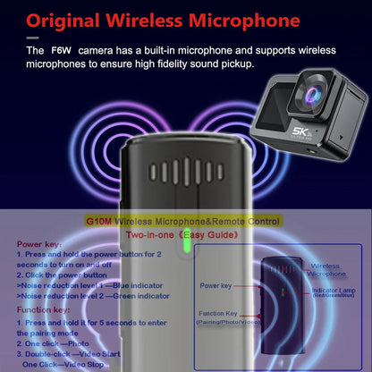 F6W Action Camera — 5K/4K60FPS, 48MP, 2.2" Touch LCD, EIS, Dual Screen, Wi-Fi, 170° Waterproof 30M, 8X Zoom Sports Camera with Wireless Mic