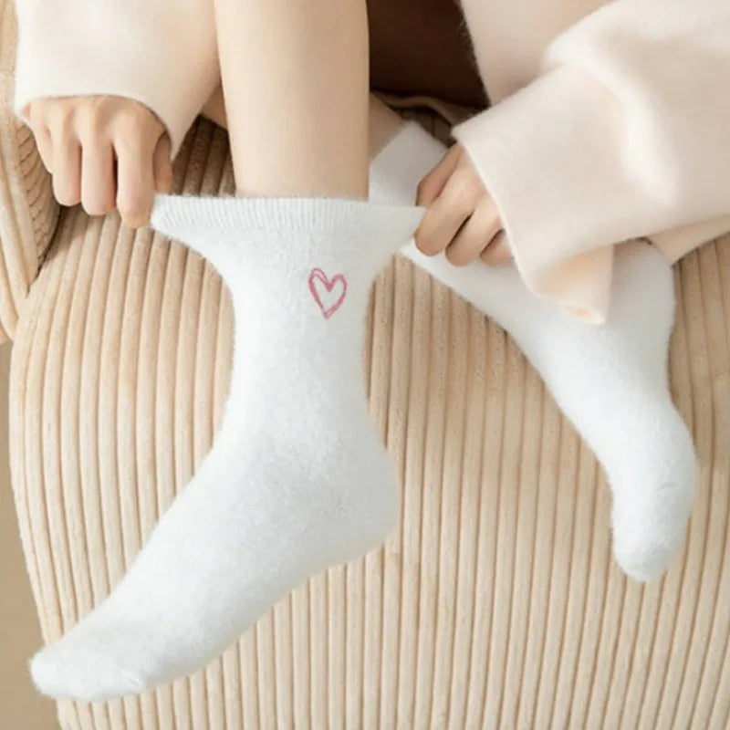 Thickened Pink Mink Fur Heart Embroidered Socks — Women’s Autumn Winter Warm Plush Mid-Tube Home Sleep Socks