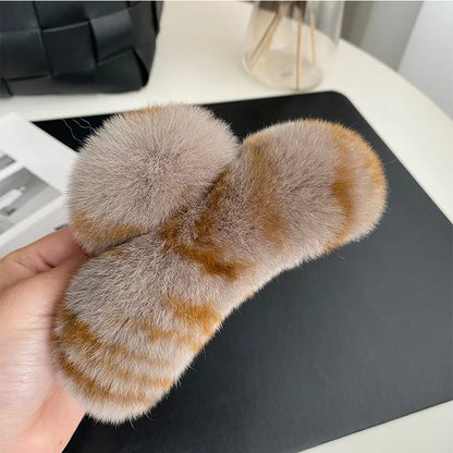 Winter Fuzzy Hair Claw for Women – Warm Fluffy Natural Rex Rabbit Fur Hair Clip, Elegant Fashion Party Accessory