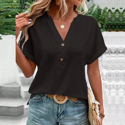 2023 Women's Jacquard V-Neck Blouse – Casual Button-Up, Loose Fit Short Sleeve Oversized Summer Shirt