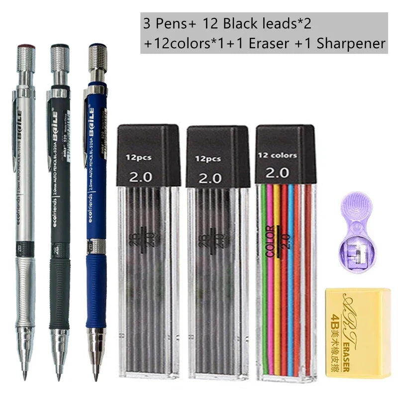 2.0mm Mechanical Pencil Set with 2B Black & Color Lead Refills – Automatic Pencil for Sketching, Drawing & Writing