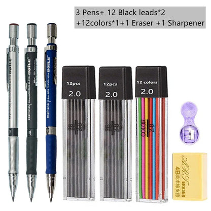 2.0mm Mechanical Pencil Set with 2B Black & Color Lead Refills – Automatic Pencil for Sketching, Drawing & Writing