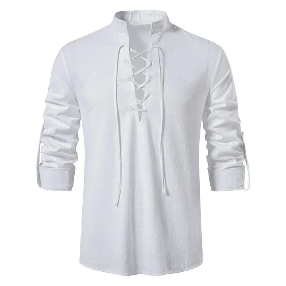 New Men's Casual Cotton Linen Shirt: Long Sleeve Tee with Slanted Placket - Spring Autumn Vintage Yoga Tops