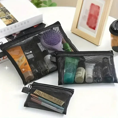 1/3PCS Black Mesh Clear Cosmetic Bag Set Portable Travel Makeup Toiletry Organizer Pouch Storage Case
