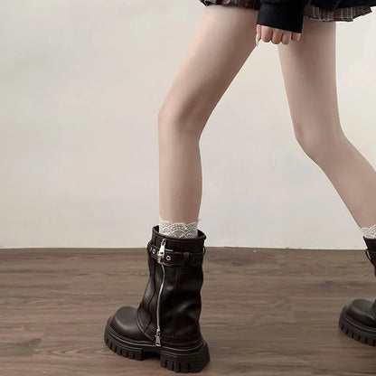 Women’s Winter Biker Boots – Fashion Belt Buckle Platform Short Booties, Casual Knight-Style Flats