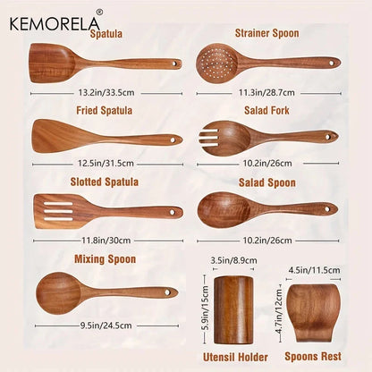 4/7/9PCS Teak Wooden Cooking Spoons Set – Kitchen Utensils with Holder